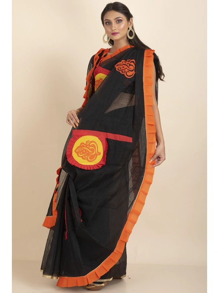 Black Ranimaa Retro Bengal Style Noiel Applique Work Saree with Blouse Piece-Black-Cotton-One Size-Applique Work Saree-Female-Adult-1