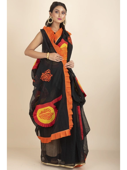 Black Ranimaa Retro Bengal Style Noiel Applique Work Saree with Blouse Piece-Black-Cotton-One Size-Applique Work Saree-Female-Adult-2