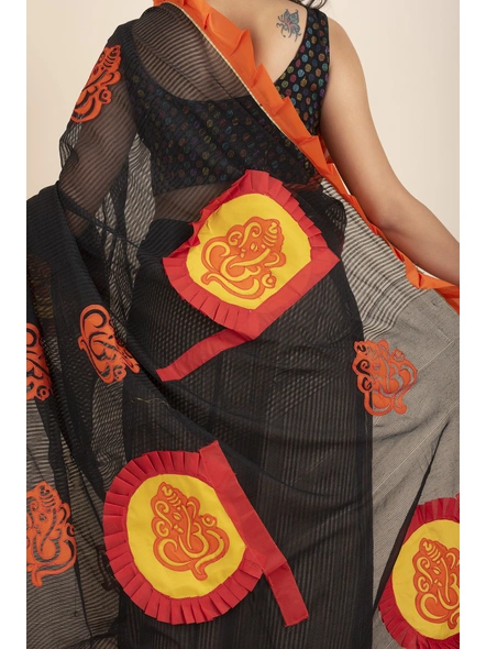 Black Ranimaa Retro Bengal Style Noiel Applique Work Saree with Blouse Piece-Black-Cotton-One Size-Applique Work Saree-Female-Adult-4