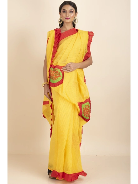 Yellow Ranimaa Retro Bengal Style Noiel Applique Work Saree with Blouse Piece-pankha_3