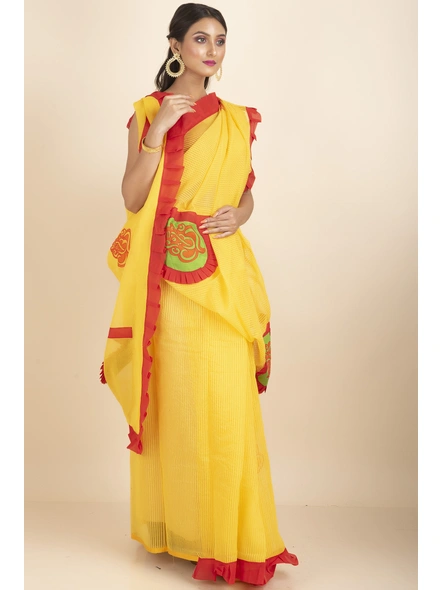 Yellow Ranimaa Retro Bengal Style Noiel Applique Work Saree with Blouse Piece-Yellow-Cotton-One Size-Applique Work Saree-Female-Adult-2