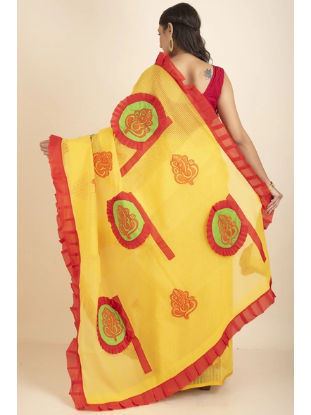 Yellow Ranimaa Retro Bengal Style Noiel Applique Work Saree with Blouse Piece-Yellow-Cotton-One Size-Applique Work Saree-Female-Adult-3