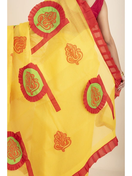 Yellow Ranimaa Retro Bengal Style Noiel Applique Work Saree with Blouse Piece-Yellow-Cotton-One Size-Applique Work Saree-Female-Adult-4