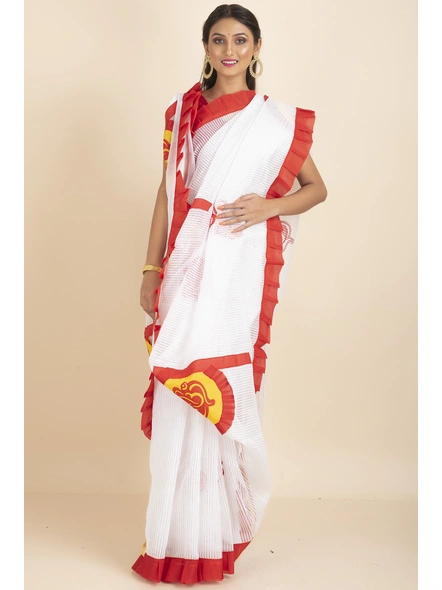 White Ranimaa Retro Bengal Style Noiel Applique Work Saree with Blouse Piece-White-Cotton-One Size-Applique Work Saree-Female-Adult-1