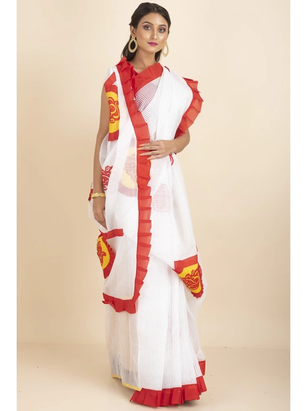 White Ranimaa Retro Bengal Style Noiel Applique Work Saree with Blouse Piece-White-Cotton-One Size-Applique Work Saree-Female-Adult-2
