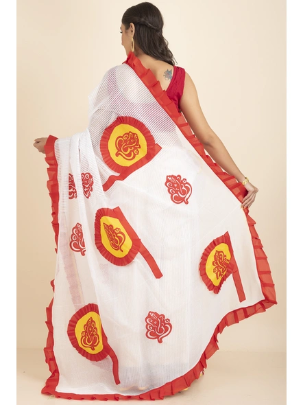 White Ranimaa Retro Bengal Style Noiel Applique Work Saree with Blouse Piece-White-Cotton-One Size-Applique Work Saree-Female-Adult-3