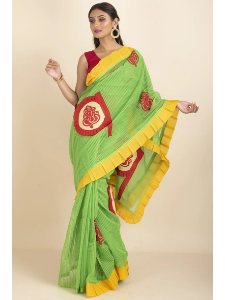 Green Ranimaa Retro Bengal Style Noiel Applique Work Saree with Blouse Piece-Green-Cotton-One Size-Applique Work Saree-Female-Adult-1