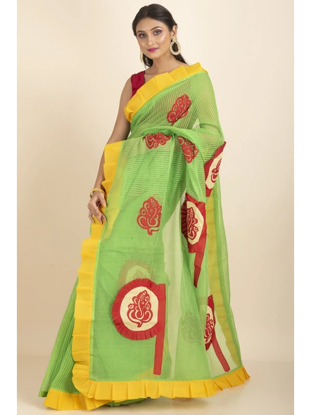 Green Ranimaa Retro Bengal Style Noiel Applique Work Saree with Blouse Piece-Green-Cotton-One Size-Applique Work Saree-Female-Adult-2