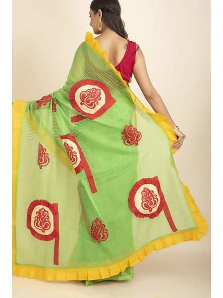 Green Ranimaa Retro Bengal Style Noiel Applique Work Saree with Blouse Piece-Green-Cotton-One Size-Applique Work Saree-Female-Adult-3