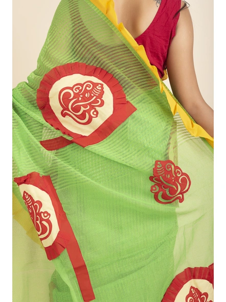 Green Ranimaa Retro Bengal Style Noiel Applique Work Saree with Blouse Piece-Green-Cotton-One Size-Applique Work Saree-Female-Adult-4
