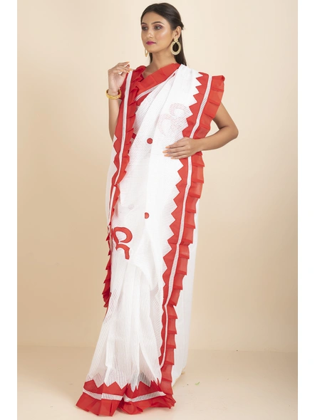 White Om Designed Cotton Noiel Applique Work Saree with Blouse Piece-white-Cotton-One Size-Applique Work Saree-Female-Adult-1