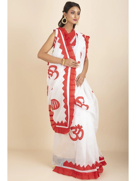 White Om Designed Cotton Noiel Applique Work Saree with Blouse Piece-white-Cotton-One Size-Applique Work Saree-Female-Adult-2