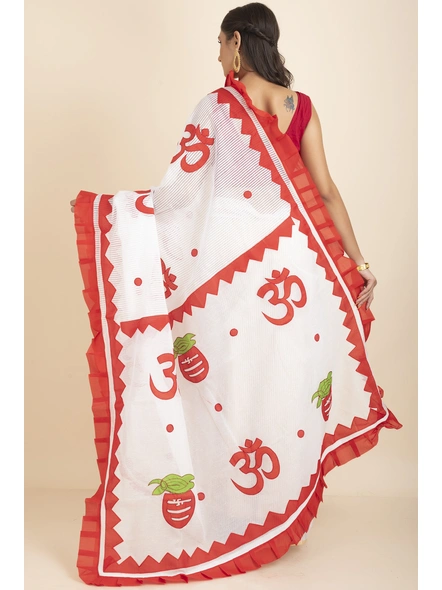 White Om Designed Cotton Noiel Applique Work Saree with Blouse Piece-white-Cotton-One Size-Applique Work Saree-Female-Adult-3