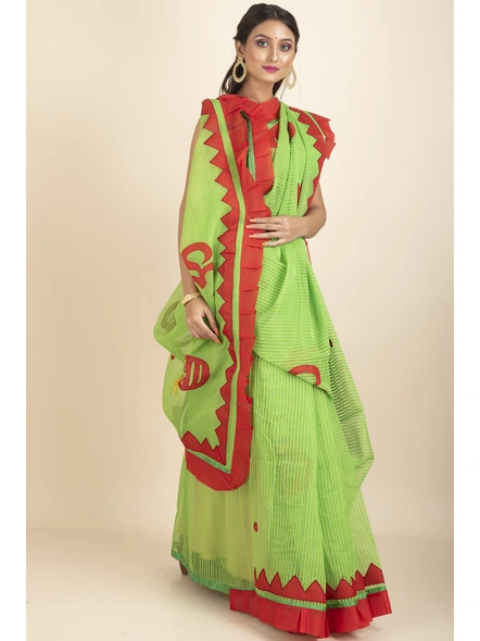 Green Om Designed Cotton Noiel Applique Work Saree with Blouse Piece-Green-Cotton-One Size-Applique Work Saree-Female-Adult-2
