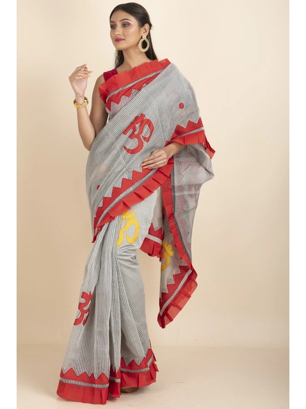 Grey Om Designed Cotton Noiel Applique Work Saree with Blouse Piece-Grey-Cotton-One Size-Applique Work Saree-Female-Adult-1