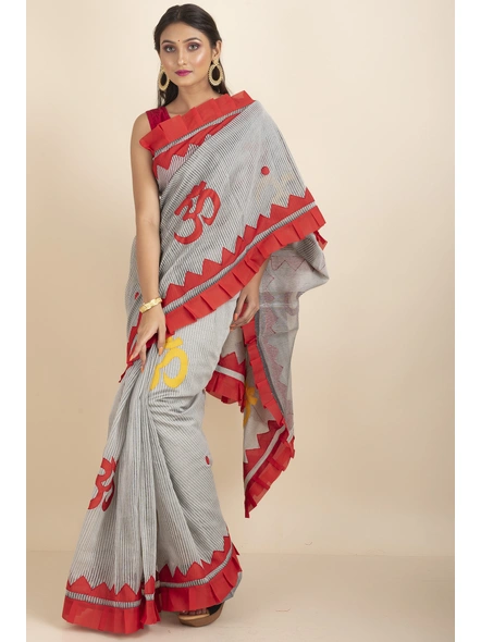 Grey Om Designed Cotton Noiel Applique Work Saree with Blouse Piece-Grey-Cotton-One Size-Applique Work Saree-Female-Adult-2