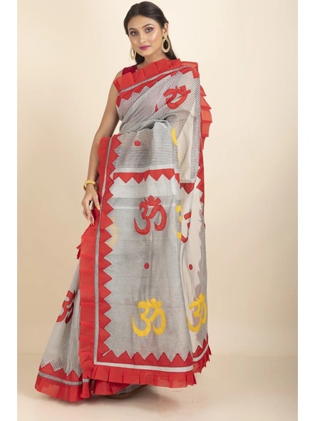 Grey Om Designed Cotton Noiel Applique Work Saree with Blouse Piece-Grey-Cotton-One Size-Applique Work Saree-Female-Adult-3