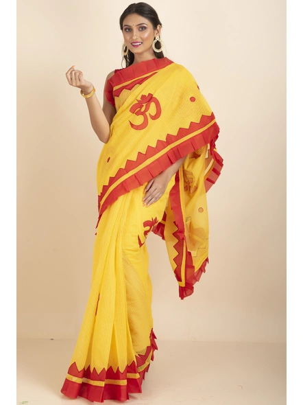 Yellow Om Designed Cotton Noiel Applique Work Saree with Blouse Piece-Yellow-Cotton-One Size-Applique Work Saree-Female-Adult-1