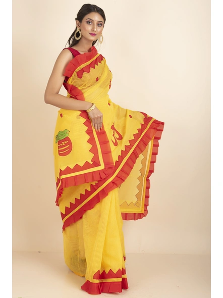 Yellow Om Designed Cotton Noiel Applique Work Saree with Blouse Piece-Yellow-Cotton-One Size-Applique Work Saree-Female-Adult-3