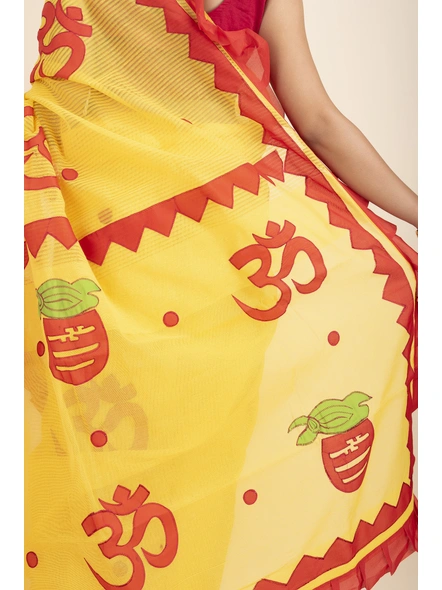 Yellow Om Designed Cotton Noiel Applique Work Saree with Blouse Piece-Yellow-Cotton-One Size-Applique Work Saree-Female-Adult-5