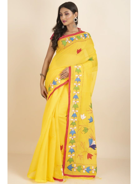 Yellow Darika Cotton Noiel Applique Work Floral Embroidery Saree with Blouse Piece-floral_1
