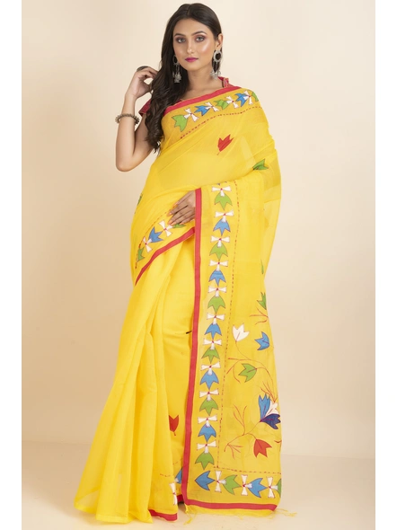 Yellow Darika Cotton Noiel Applique Work Floral Embroidery Saree with Blouse Piece-Yellow-Cotton-One Size-Applique Work Saree-Female-Adult-1