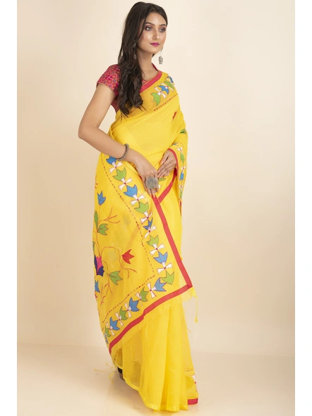 Yellow Darika Cotton Noiel Applique Work Floral Embroidery Saree with Blouse Piece-Yellow-Cotton-One Size-Applique Work Saree-Female-Adult-3