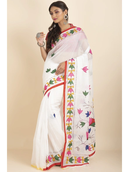 White Darika Cotton Noiel Applique Work Floral Embroidery Saree with Blouse Piece-floral_2