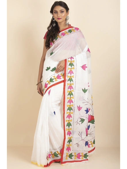 White Darika Cotton Noiel Applique Work Floral Embroidery Saree with Blouse Piece-White-Cotton-One Size-Applique Work Saree-Female-Adult-1