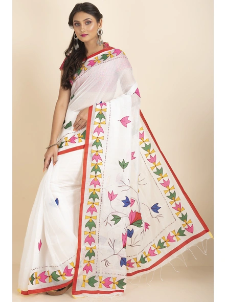 White Darika Cotton Noiel Applique Work Floral Embroidery Saree with Blouse Piece-White-Cotton-One Size-Applique Work Saree-Female-Adult-2