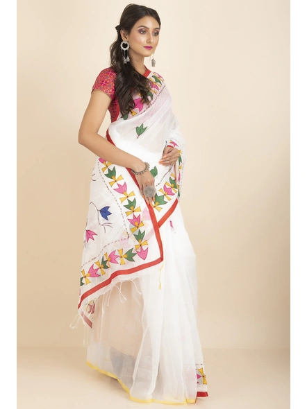 White Darika Cotton Noiel Applique Work Floral Embroidery Saree with Blouse Piece-White-Cotton-One Size-Applique Work Saree-Female-Adult-3