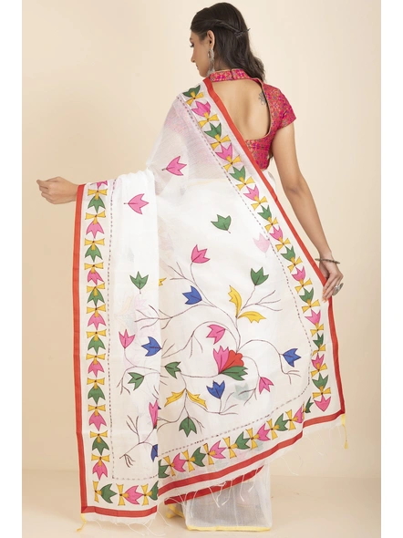 White Darika Cotton Noiel Applique Work Floral Embroidery Saree with Blouse Piece-White-Cotton-One Size-Applique Work Saree-Female-Adult-4