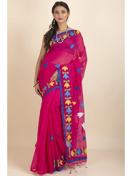 Pink Darika Cotton Noiel Applique Work Floral Embroidery Saree with Blouse Piece-Pink-Cotton-One Size-Applique Work Saree-Female-Adult-1