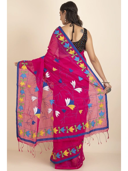 Pink Darika Cotton Noiel Applique Work Floral Embroidery Saree with Blouse Piece-Pink-Cotton-One Size-Applique Work Saree-Female-Adult-4