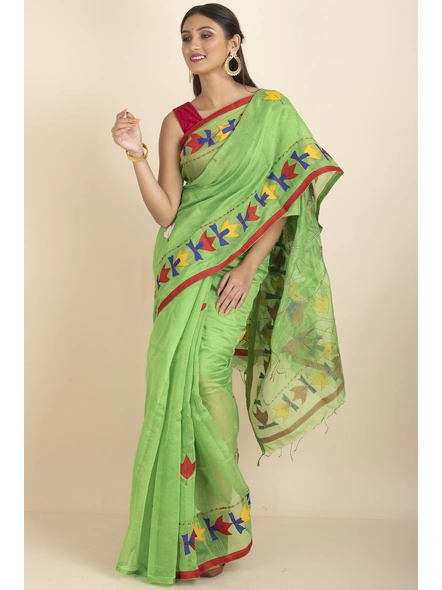 Green Darika Cotton Noiel Applique Work Floral Embroidery Saree with Blouse Piece-floral_4