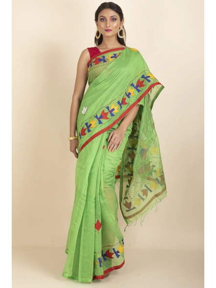 Green Darika Cotton Noiel Applique Work Floral Embroidery Saree with Blouse Piece-Green-Cotton-One Size-Applique Work Saree-Female-Adult-1