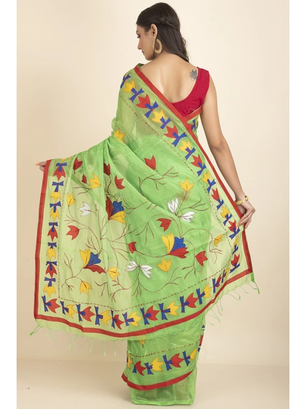 Green Darika Cotton Noiel Applique Work Floral Embroidery Saree with Blouse Piece-Green-Cotton-One Size-Applique Work Saree-Female-Adult-3