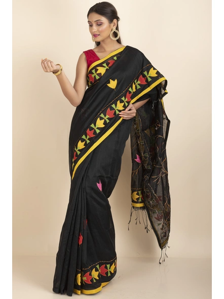 Black Darika Cotton Noiel Applique Work Floral Embroidery Saree with Blouse Piece-Black-Cotton-One Size-Applique Work Saree-Female-Adult-1