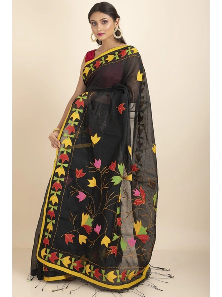 Black Darika Cotton Noiel Applique Work Floral Embroidery Saree with Blouse Piece-Black-Cotton-One Size-Applique Work Saree-Female-Adult-2