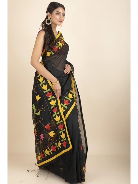 Black Darika Cotton Noiel Applique Work Floral Embroidery Saree with Blouse Piece-Black-Cotton-One Size-Applique Work Saree-Female-Adult-3