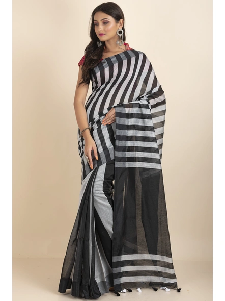Black and White Geetika Handloom Cotton Silk Saree with Blouse Piece-stripe_1
