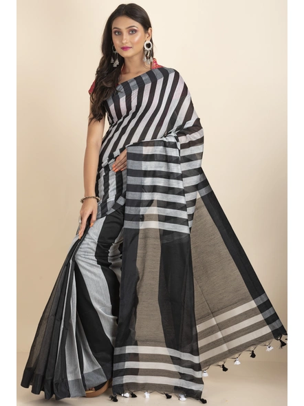 Black and White Geetika Handloom Cotton Silk Saree with Blouse Piece-Black &amp; White-Cotton Silk-One Size-Handloom Saree-Female-Adult-2