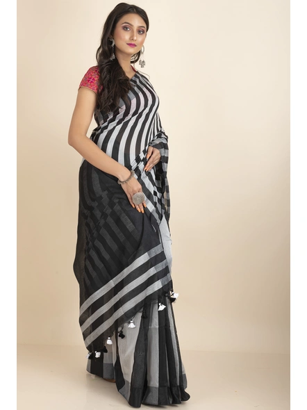 Black and White Geetika Handloom Cotton Silk Saree with Blouse Piece-Black &amp; White-Cotton Silk-One Size-Handloom Saree-Female-Adult-3