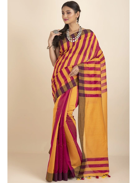 Yellow and Red Geetika Handloom Cotton Silk Saree with Blouse Piece-stripe_2