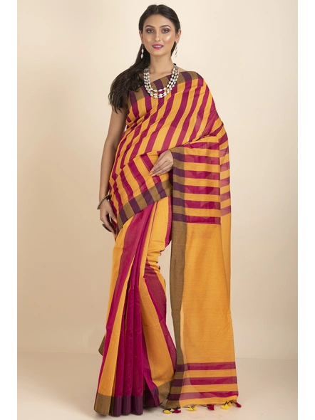 Yellow and Red Geetika Handloom Cotton Silk Saree with Blouse Piece-Yellow &amp; Red-Cotton Silk-One Size-Handloom Saree-Female-Adult-1