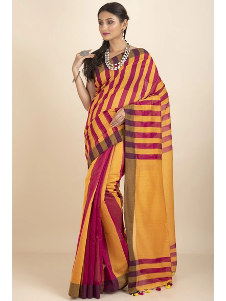 Yellow and Red Geetika Handloom Cotton Silk Saree with Blouse Piece-Yellow &amp; Red -Cotton Silk-One Size-Handloom Saree-Female-Adult-2