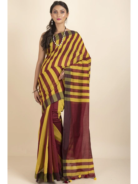 Maroon and Yellow Geetika Handloom Cotton Silk Saree with Blouse Piece-stripe_3
