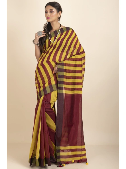 Maroon and Yellow Geetika Handloom Cotton Silk Saree with Blouse Piece-Maroon &amp; Yellow-Cotton Silk-One Size-Handloom Saree-Female-Adult-1