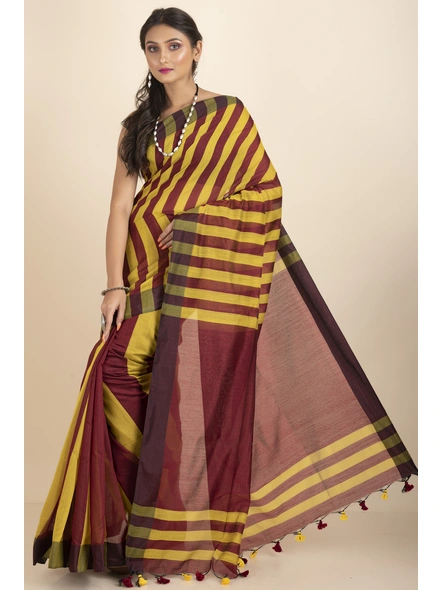 Maroon and Yellow Geetika Handloom Cotton Silk Saree with Blouse Piece-Maroon &amp; Yellow-Cotton Silk-One Size-Handloom Saree-Female-Adult-2