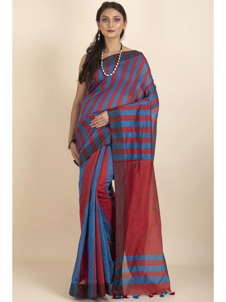 Blue and Red Geetika Handloom Cotton Silk Saree with Blouse Piece-stripe_4